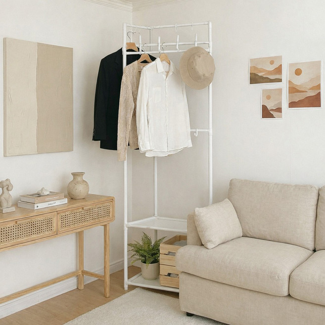 제이에스리빙 철제 2단 선반 사무실 스탠드 의류 모자 걸이 튼튼한 드레스룸 침실 인테리어 수납 정리 행거 WV-MD-524052043##, WHITE