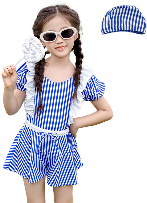 스타빈 패턴 투피스 수영복 + 수영모 세트