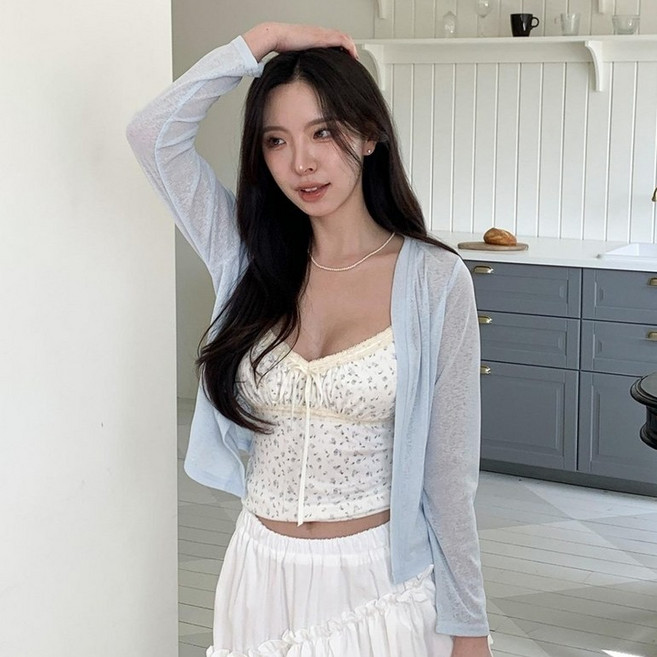 시크블랙 여성용 일버투 레이스 리본 플라워 나시 시스루 가디건 세트 cpcd3720k63