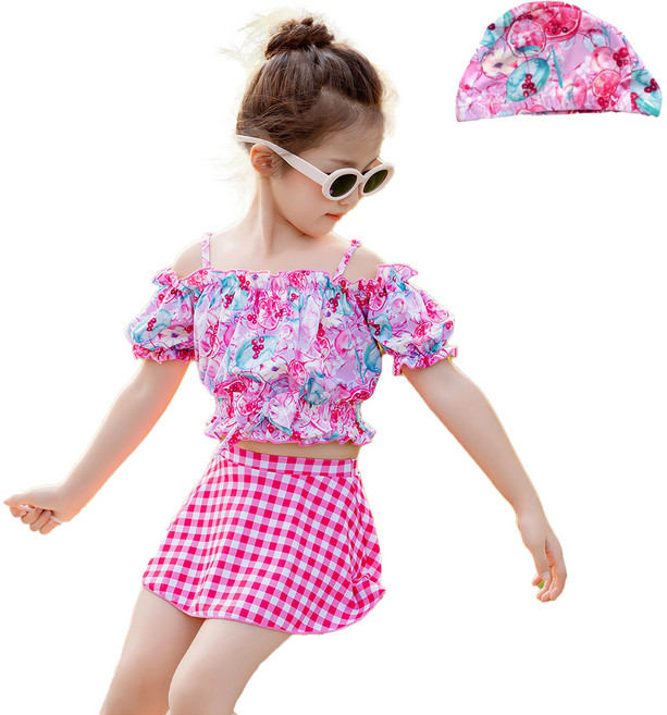 스타빈 오프숄더 투피스 수영복 + 모자 세트