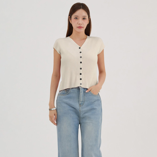 엘쏘 여성용 시원한 원단 브이넥 캡소매 반팔 니트 가디건 티셔츠