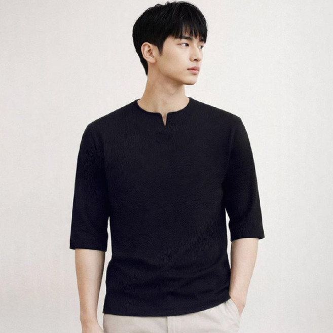 다꾸앙 남성용 봄 여름 데일리 기본핏 브이넥 7부 티셔츠 I03C4_tc5760
