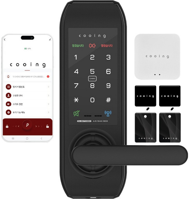 쿠잉전자 주키 손잡이있음 원격제어 IoT 무타공 스마트 도어락 게이트웨이, DL-BHT03BK, 고객직접설치