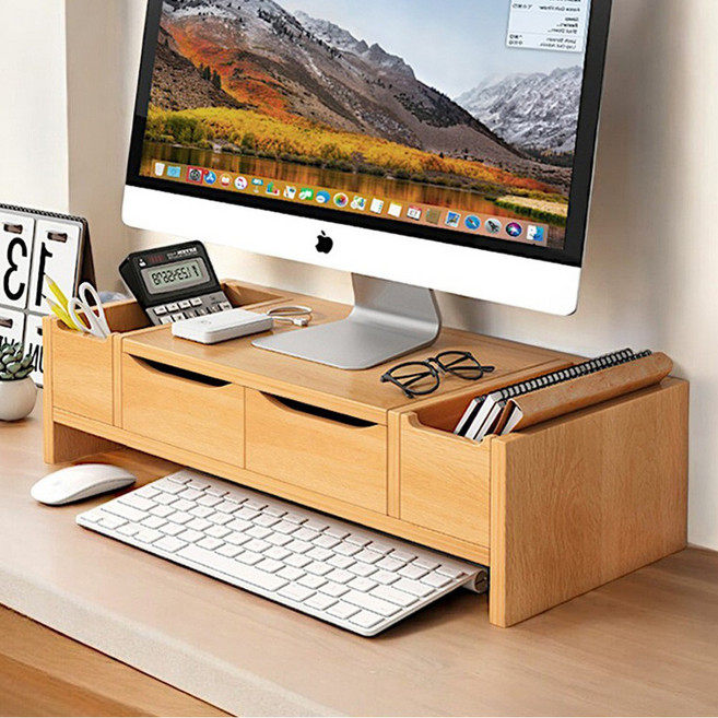 제이에스리빙 사무실 2단 듀얼 모니터 받침대 Len-70101EUU970, 우드