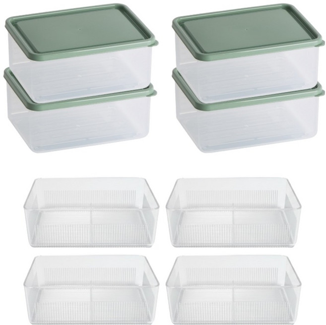비트리부드럽게 휘어지는 냉동실 냉장고 정리용기 1000ml x 4p + 채반 중 4p 세트 그린, 1세트