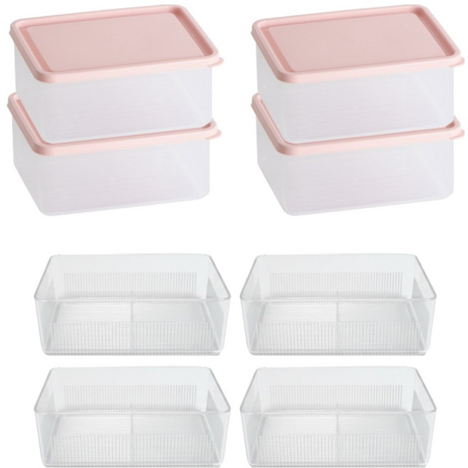 비트리부드럽게 휘어지는 냉동실 냉장고 정리용기 1000ml x 4p + 채반 중 4p 세트 핑크, 1세트