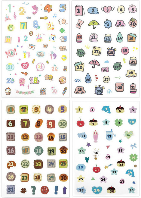 리드홈 다이어리 꾸미기 날짜 숫자 스티커 4종 세트, 1세트, 혼합색상