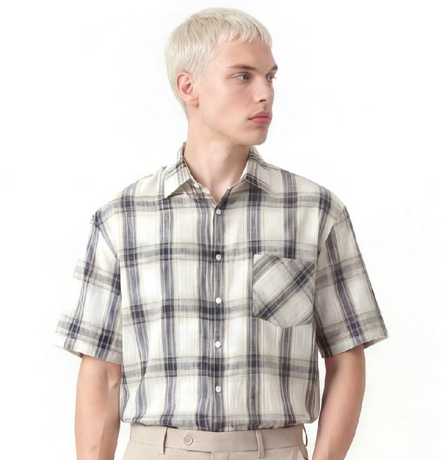 다꾸앙 남성용 여름 체크 캐주얼 데일리 반팔 셔츠 I03A10_sp5761