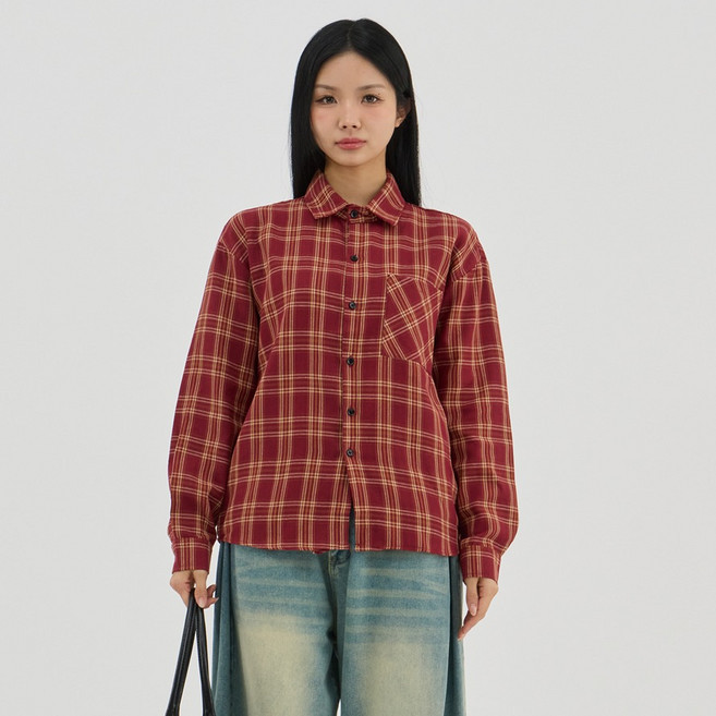 엘쏘 여성용 탄탄 오버핏 체크 남방 셔츠