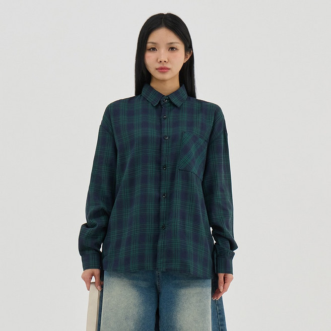 엘쏘 여성용 탄탄 오버핏 체크 남방 셔츠