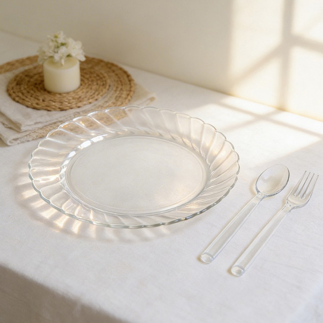 파티쇼 홈파티 크리스탈 스푼 6p + 포크 6p + 사이드 파티접시 19cm 세트, 클리어, 1세트