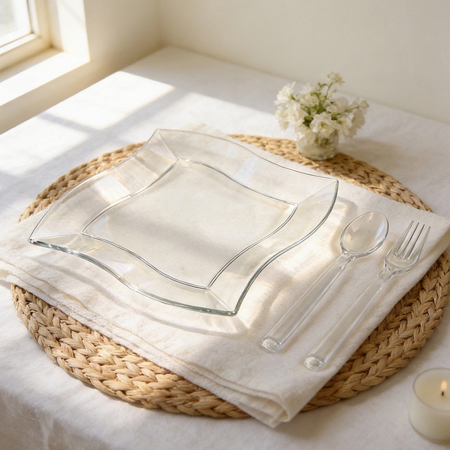 파티쇼 홈파티 크리스탈 스푼 6p + 포크 6p + 웨이브 파티접시 19cm 세트, 클리어, 1세트