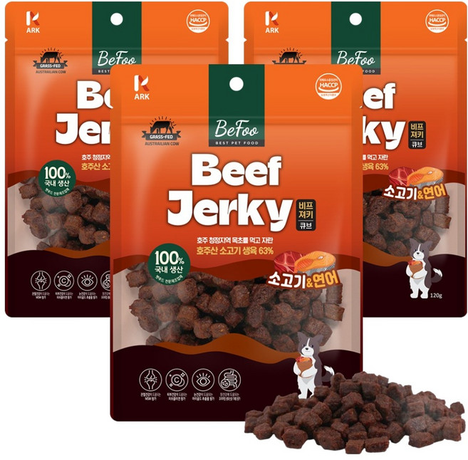 베푸 강아지 아크펫푸드 비프 큐프 져키, 혼합맛(소고기/연어), 120g, 3개