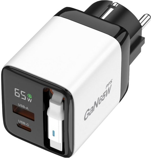 유엠투 65W GAN C타입 PPS PD 3.0 접지 릴타입 케이블 일체형 고속 멀티 충전기, 화이트