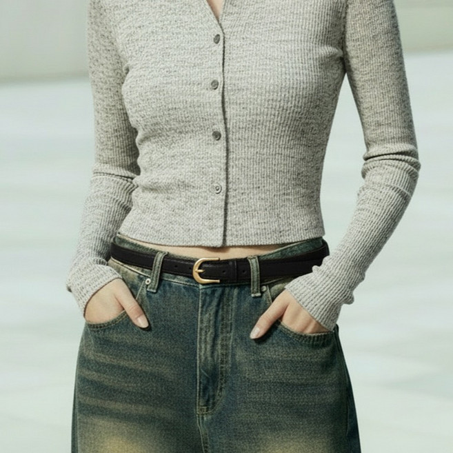 미다미 여성용 데일리 슬림 클래식 골드 버클 가죽 벨트 + 지퍼백 세트 1659