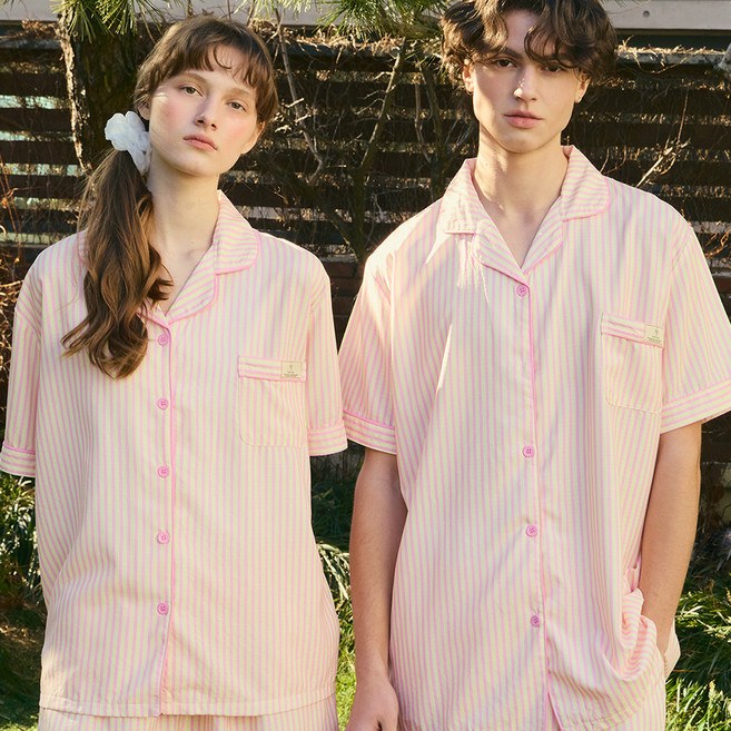 핑크존 커플용 로즈쿼츠 잠옷 반팔 상의 + 하의 세트