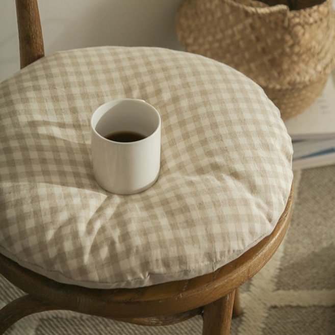 데코뷰 베이지 워싱린넨 원형 방석커버, 고방 체크