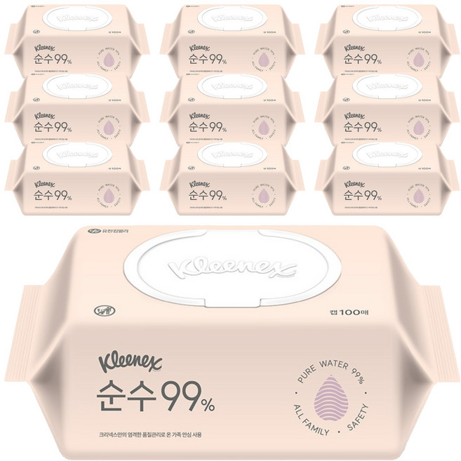 크리넥스 순수 99 퍼센트 물티슈 캡형, 10개, 100매, 37g