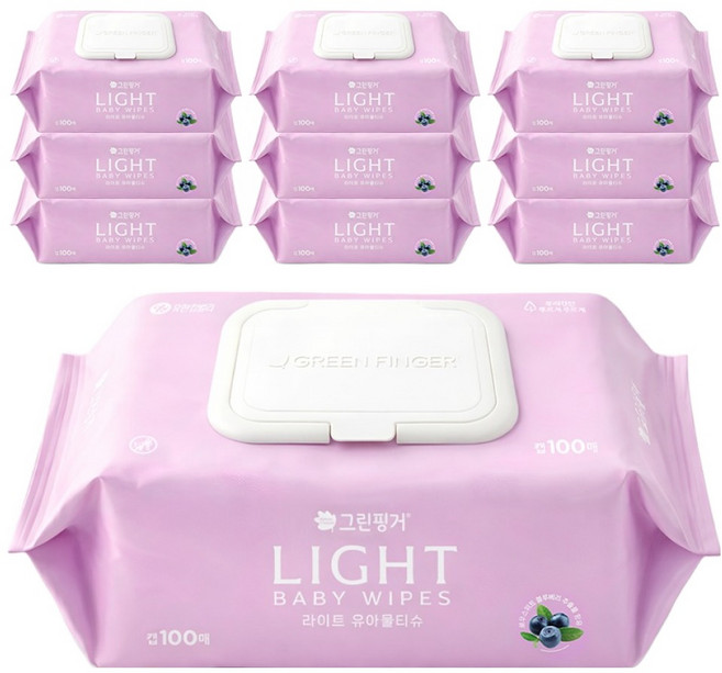 그린핑거 유아용 라이트 물티슈 캡형, 10개, 100매, 37g