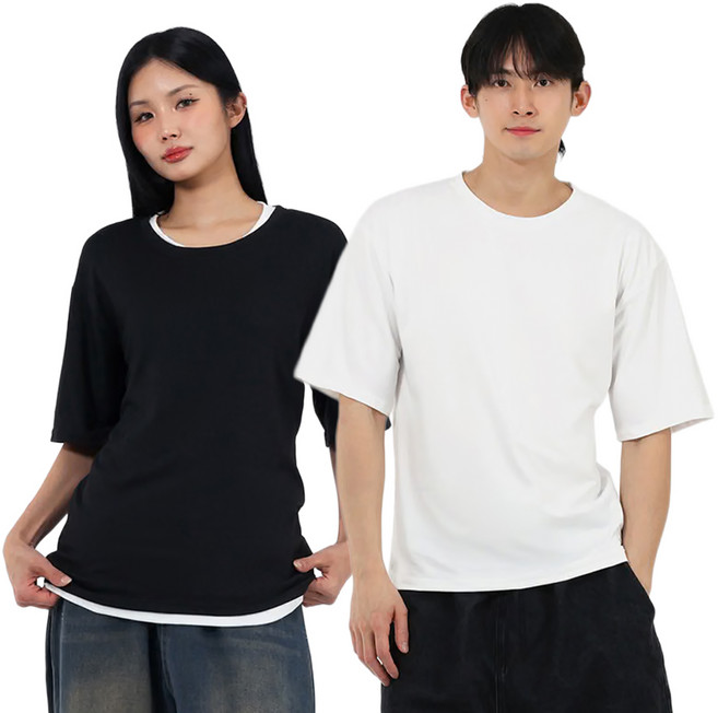 엘쏘 남녀공용 레이어드 이너활용 박시핏 옆트임 롱 반팔 티셔츠 2p