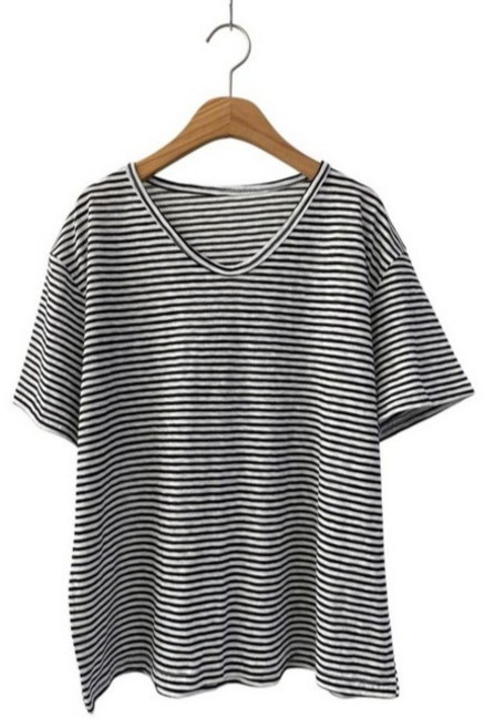 시크블랙 여성용 쿠라후 루즈핏 브이넥 스트라이프 반팔 티셔츠 cpt17661k63