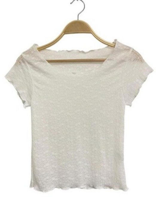 시크블랙 여성용 마라인 물결 시스루 라운드 반팔 티셔츠 cpt17662k63