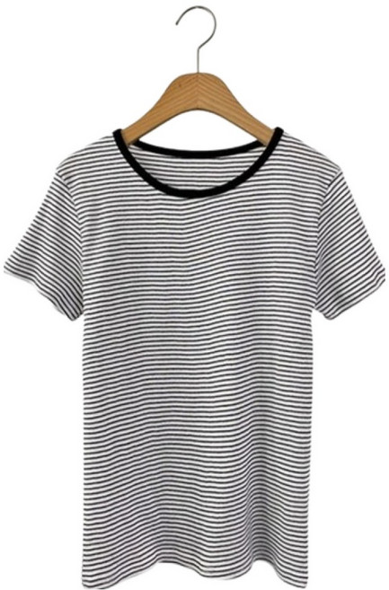 시크블랙 여성용 코토타 쫀쫀 슬림핏 단가라 반팔 티셔츠 cpt17638k63