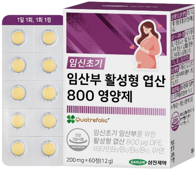 삼진제약 임신초기 임산부 활성형 엽산 800 영양제 12g, 1개, 60정