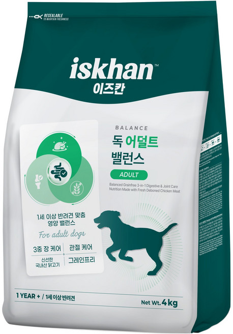 이즈칸 독 어덜트 밸런스 사료, 관절+장건강, 4kg, 1개