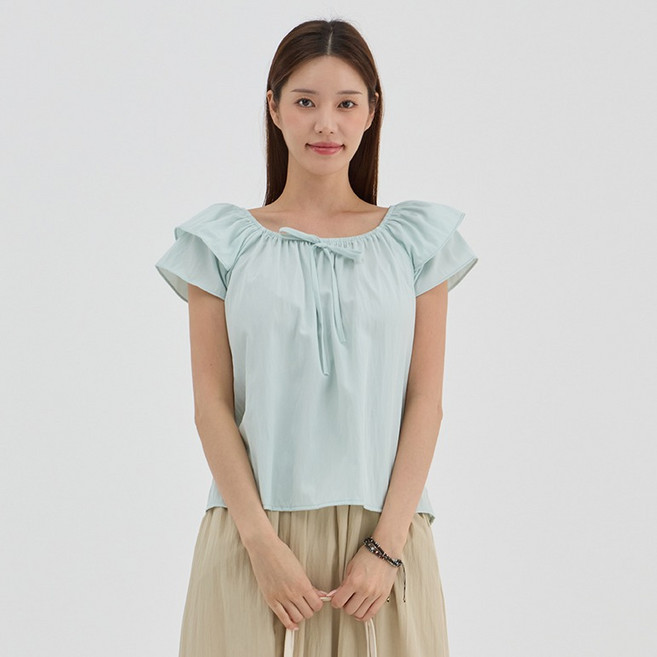 Elsso 高腰蝴蝶結綁帶抓皺短袖襯衫