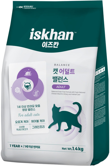 이즈칸 캣 어덜트 밸런스 사료, 1.4kg, 1개, 유리너리+헤어볼