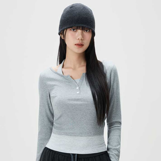 MIXXO 女款條紋假兩件長袖T恤