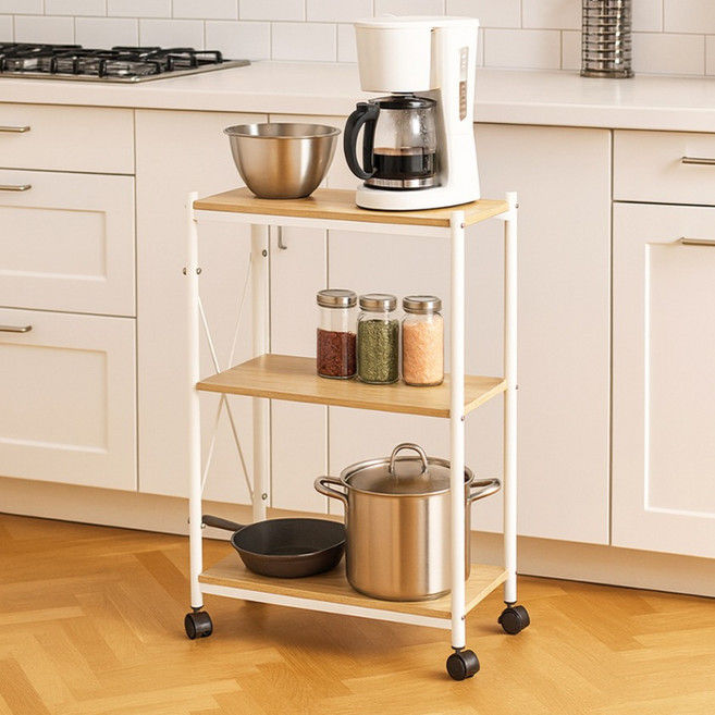 제이에스리빙 칸나 주방 선반, 3단, 우드 + 화이트