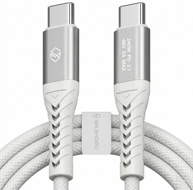 신지모루 240W 초고출력 C타입-C타입 우븐 PRO PD3.1 초고속 충전 케이블 + 단자 보호캡 + 케이블 스트랩 세트, 0.5m, 화이트, 1개