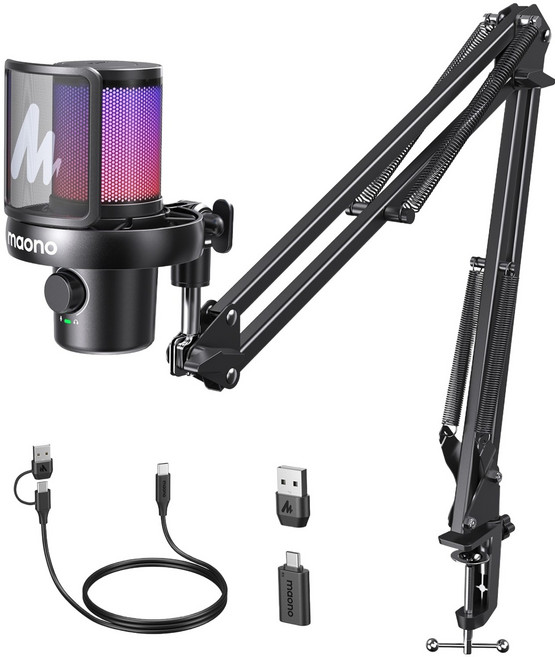 마오노 DM40 무선 AI 음성변조 원터치 노이즈캔슬링 음소거 콘덴서 게이밍 방송용 스트리밍 보컬용 봄암 스탠드형 마이크, 블랙, DM40 S