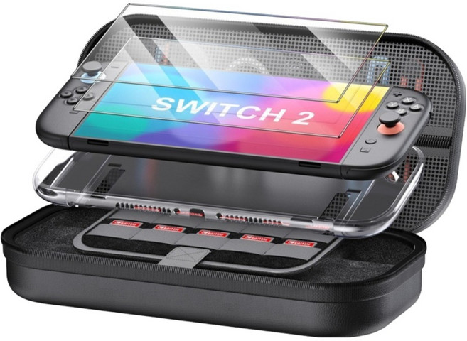 호후 닌텐도 스위치2 4IN1 파우치 가방 + 강화유리필름 2p + 스틱캡 4p 세트, 블랙, 1세트, 스위팩