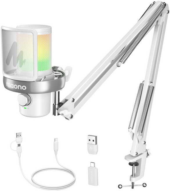 마오노 DM40 Pro 무선 AI 음성변조 원터치 노이즈캔슬링 음소거 콘덴서 게이밍 방송용 스트리밍 보컬용 봄암 스탠드형 마이크, 화이트, DM40 Pro S