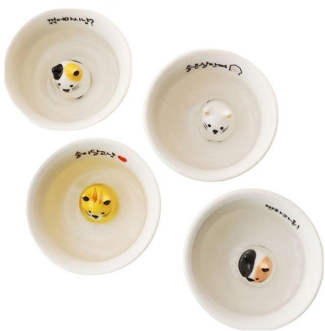 이플스토리 고양이 도자기 핸드메이드 소주잔 4종 세트, 1세트, 화이트