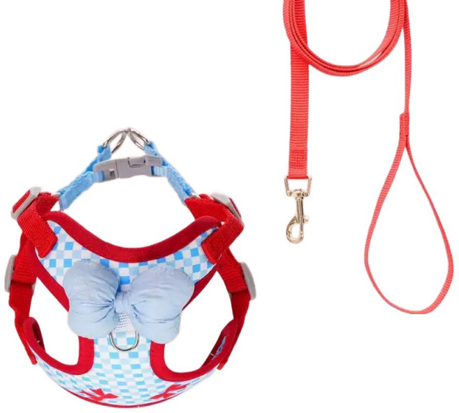 파스텔펫 반려동물 리본체크 하네스 + 리드줄 세트, 레드, 1세트