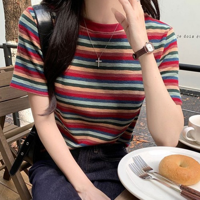 아이캔심플 여성용 감각적인 컬러 배색 반팔 티셔츠