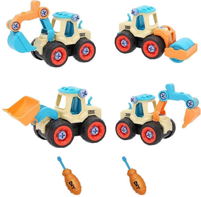 에브리굿 유아용 DIY 4종 중장비 공구트럭 조립 장난감 공구 놀이 세트, 1세트, 혼합색상
