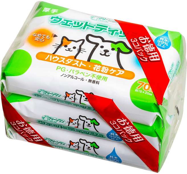 Clean One 寵物用清爽濕紙巾 無香料 70張, 1套, 3個裝