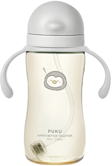 PUKU 藍色企鵝 飽飽歐蕾PPSU寬口滑蓋水杯, 岩灰, 1個, 330ml