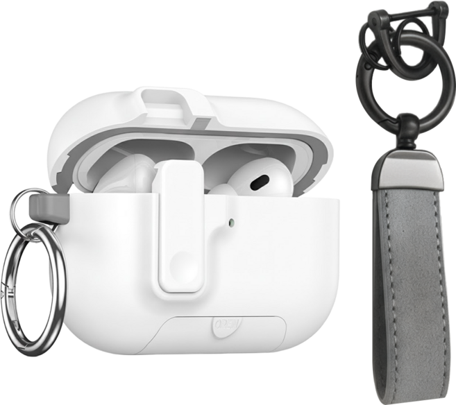 KOIOS 耳機保護殼 石感磨砂支架款 附質感皮件掛飾, 星辰白, 1個, Airpods Pro 2