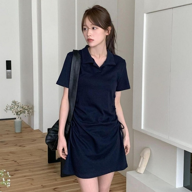 시크블랙 고실브 슬림 옆셔링 카라 반팔 미니 pk 원피스 cpops10469k63