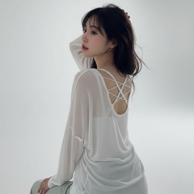 구디프 여성용 시스루 백크로스 스트랩 긴팔 여리핏 커버업, 화이트