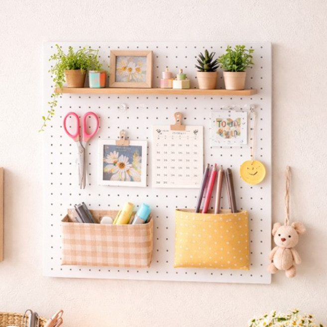 스틸팩토리 페그보드 벽고정 타공판 300 x 300 mm + 자석 3p + 칼블럭 2p + 선반 2p 세트, 화이트, 1세트