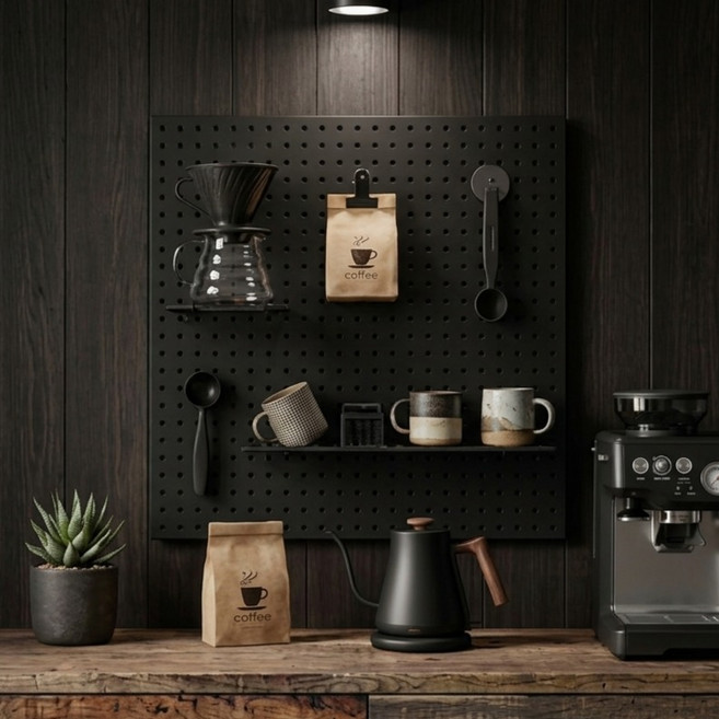 스틸팩토리 페그보드 벽고정 타공판 300 x 300 mm + 자석 3p + 칼블럭 2p + 선반 2p 세트, 블랙, 1세트