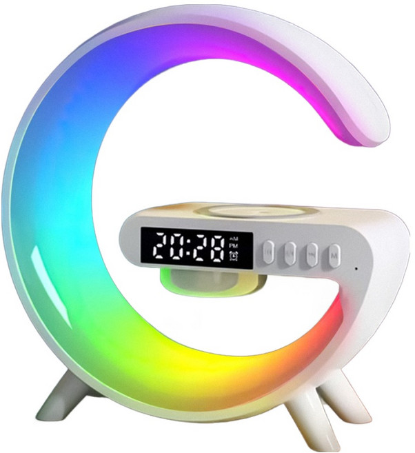 4in1 고속무선충전 LED 무드등 시계 블루투스 스피커, 화이트, BZ-KW63