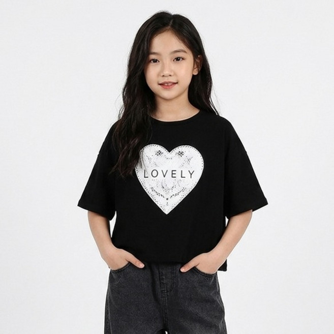 아동용 러블리 세미 크롭 반팔티
